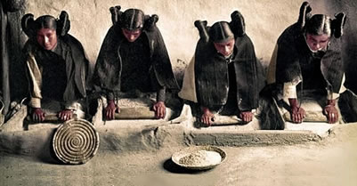 Four Hopi women grinding grain (1906)