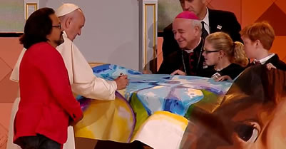 Pope Signs Canvas By Mexican Muralist Cesar Viveros